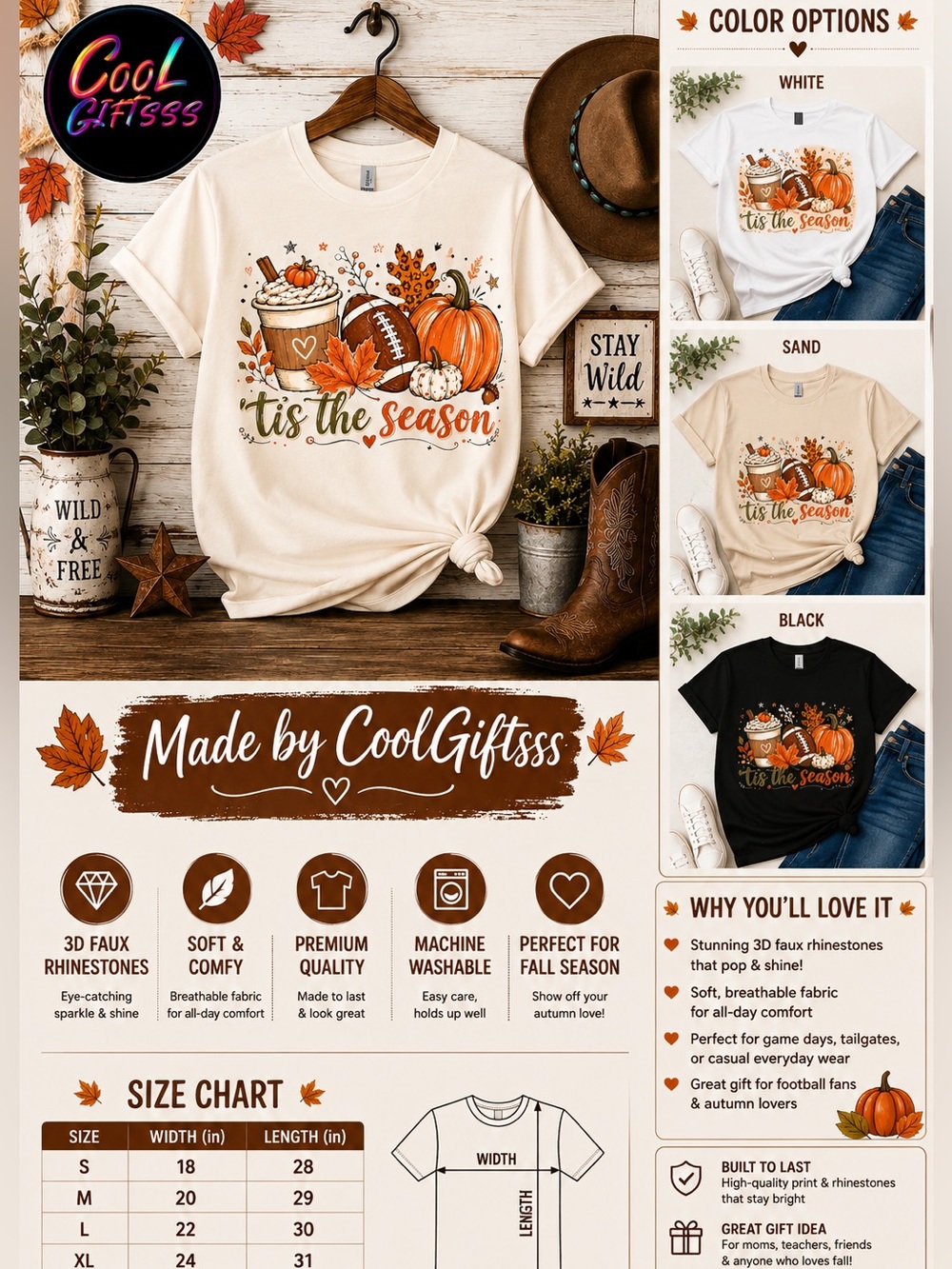 'Tis The Season fall t-shirt S M L Xl new made to order sand football pumpkin